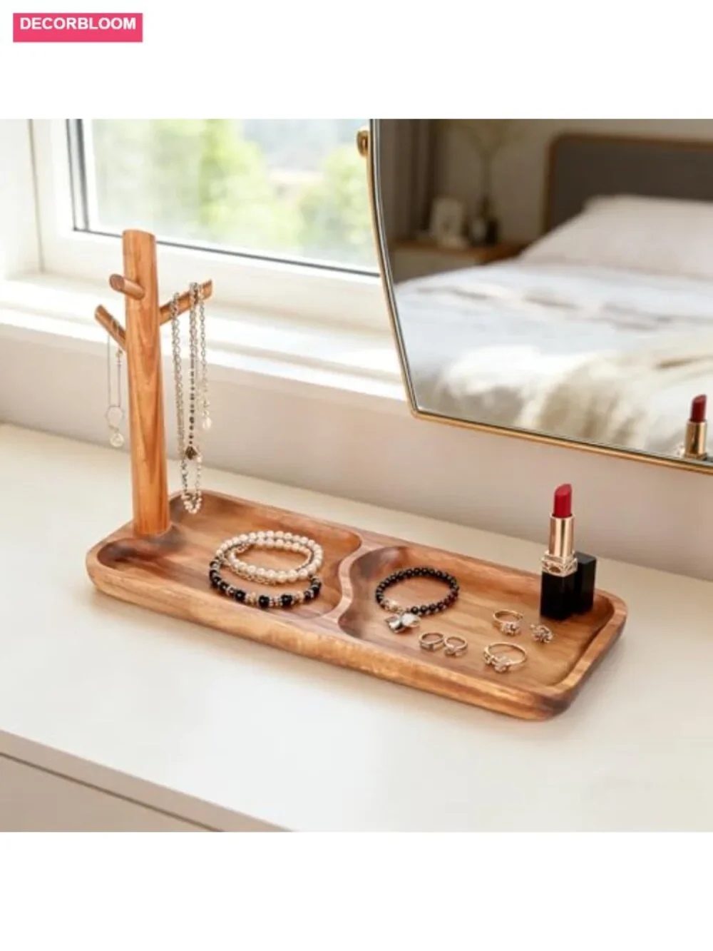 Acacia Wood Key Tray with Jewelry Rack Entryway Organizer